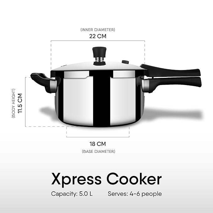 Stahl Xpress Cooker Triply Pressure Cooker Broad, Induction Cooker | Outer Lid Pressure Cooker 5 L | Induction & Gas Stove Compatible