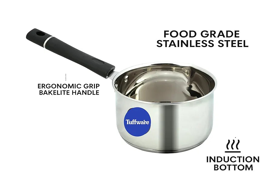 Tuffwaire Food Grade Stainless Steel Sauce Pan, Tea Pan, Chai Pan, Small Pan | 17cm Dia | 2 Liter | Gas & Induction Friendly | 3-Layer Thick Bottom, 100% Toxin-Free
