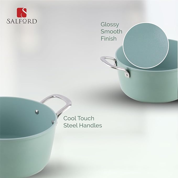 Salford Forged Ceramic Casserole With Glass Lid & Tubular Ss Handle | Induction & Gas Ready | Green | 240mm | 4.4 Litre