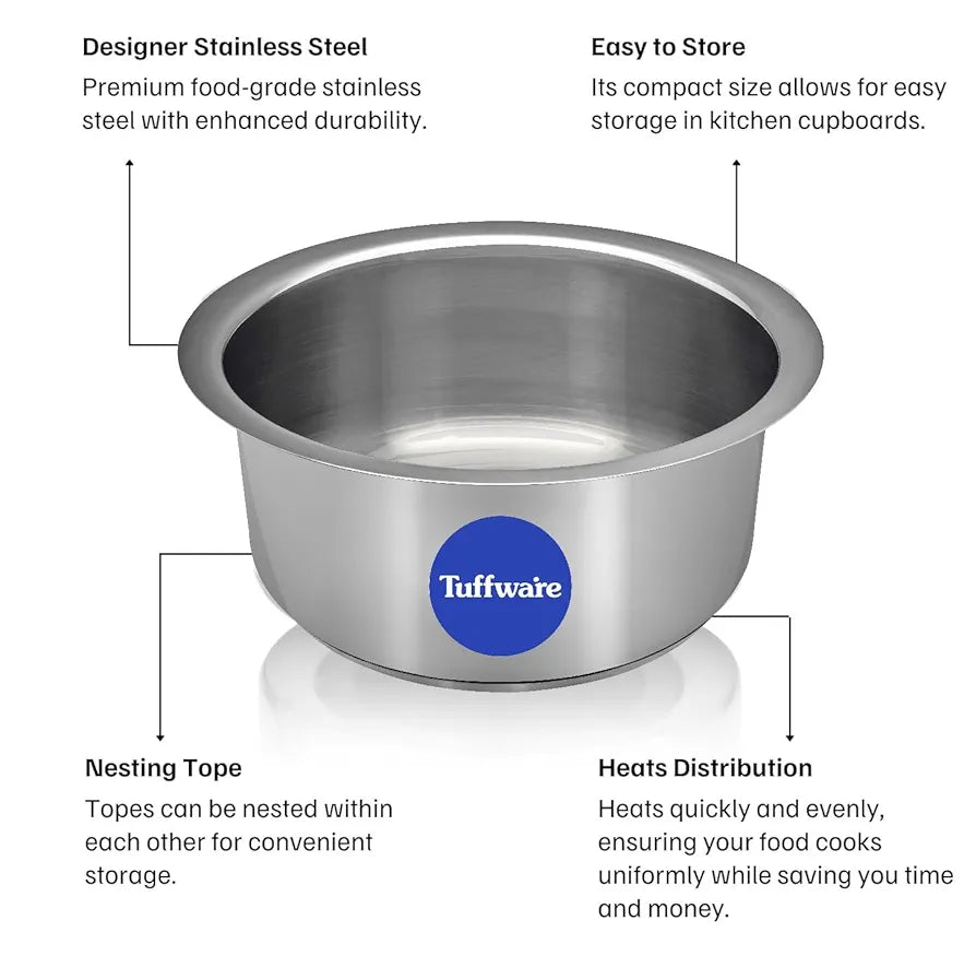 Tuffwaire Stainless Steel Round Induction Bottom Cooking Tope | Food-Grade Stainless Steel | 16cm Dia | 18G |1.5mm Thickness | 1.8 Litre Capacity | Rust-Resistant & Long-Lasting