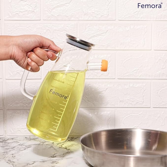 Femora Borosilicate Glass Oil Dispenser and Stoppers Bottle With Handle | 1000 Ml