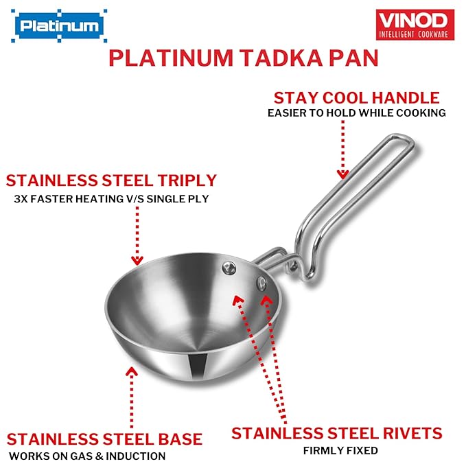 Vinod Platinum Triply Stainless Steel Tadka Pan Large - 300 ml, 11 cm | Balance Design Handle