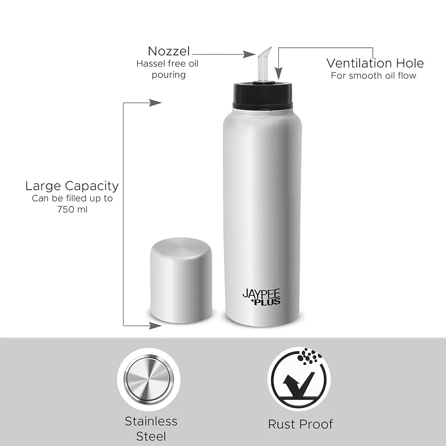 Jaypee Plus EzyPour Stainless Steel Oil Dispenser Bottle with Lid Oil Bottle Spillproof Pourer & Drizzler | Oil can for Kitchen, Silver,| 750ml