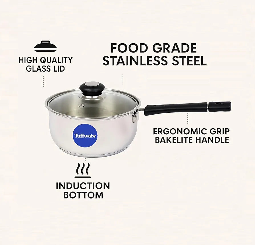 Tuffwaire Stainless Steel Sauce pan with Glass Lid, Tea Sauce Pan with Glass Lid, ChaiPan, SmallPan | 16cm, 1 Liter | Induction Friendly | 3-Layer Thick Bottom, 100% Toxin-Free