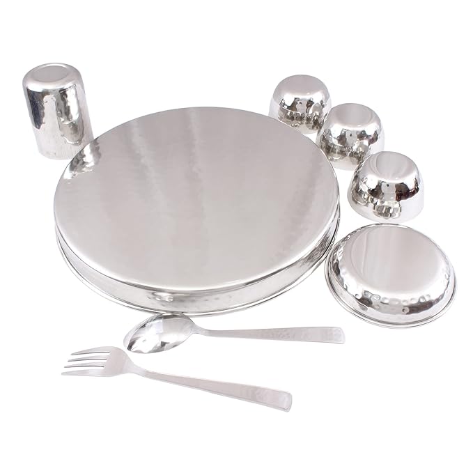 Indian Art Villa Pure Steel Hammered 8 Piece Thali Set Includes Thali Bowls - 580 gms