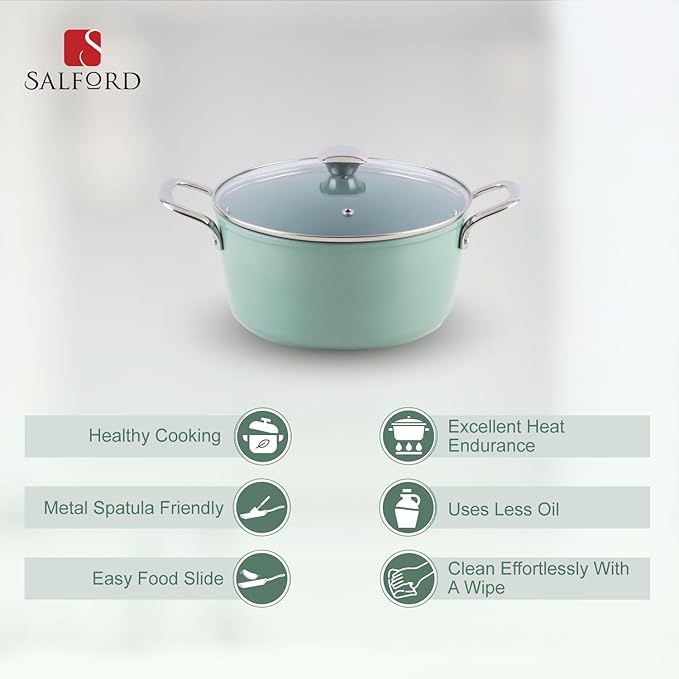 Salford Forged Ceramic Casserole With Glass Lid & Tubular Ss Handle | Induction & Gas Ready | Green | 240mm | 4.4 Litre