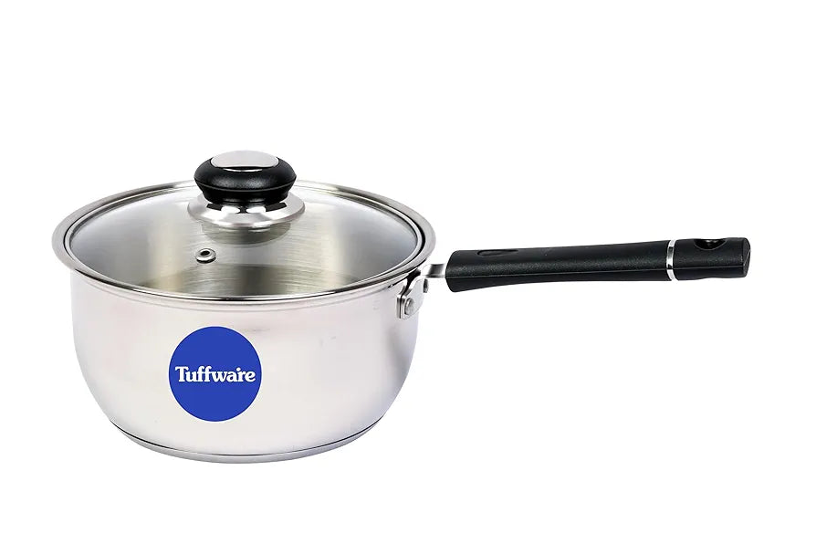 Tuffwaire Stainless Steel Sauce pan with Glass Lid, Tea Sauce Pan with Glass Lid, ChaiPan, SmallPan | 16cm, 1 Liter | Induction Friendly | 3-Layer Thick Bottom, 100% Toxin-Free
