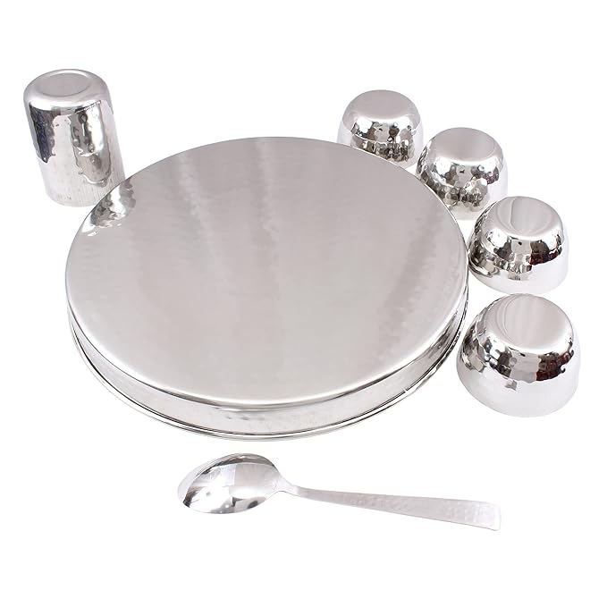 Indian Art Villa Stainless Steel Dinner Set/Thali Set of 1 Plate 4 Bowls 1 Glass & 1 Spoon (7 Pieces) - 550 gms