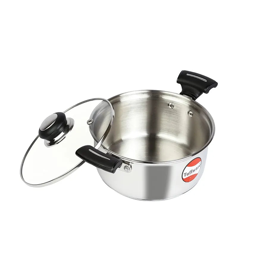 Tuffwaire Stainless Steel Casserole with Glass Lid 1 Litre, 14 Inch | 2.6mm Thick Base |Briyani Pot Handi Shaped/Casserole | Sturdy Riveted Handle, Indcution Bottom