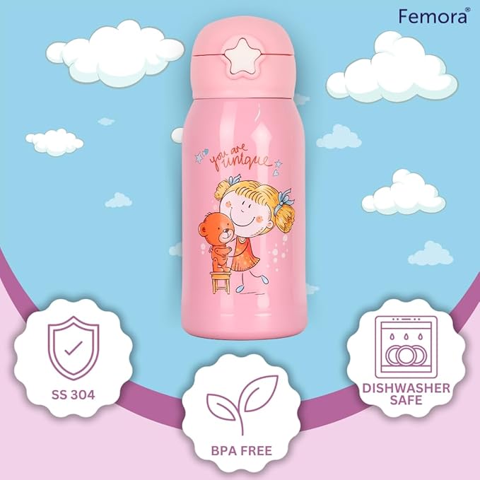 Femora You are Unique Thermosteel Double Wall Vacuum Kids Water Bottle with Bag - 390 gms