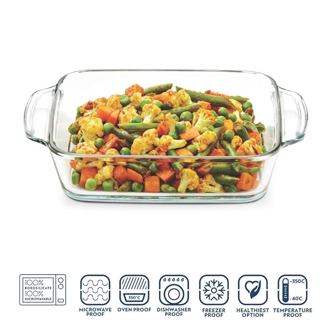 Borosil Square Glass Baking Dish With Handle | Microwave Safe & Oven Safe | 800 Ml | Transparent