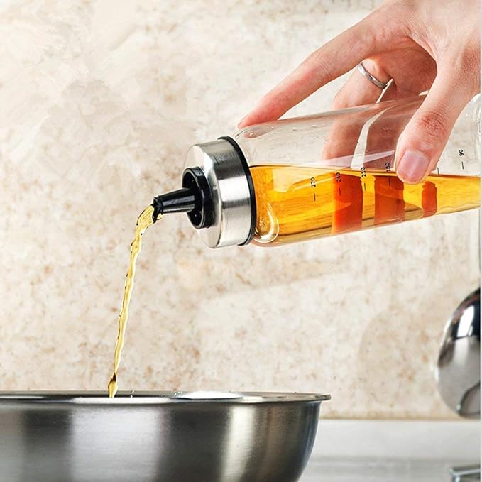 Femora Borosilicate Glass Leak Proof Oil Dispenser for Cooking With Stainless Steel Metallic Lid | 500 Ml