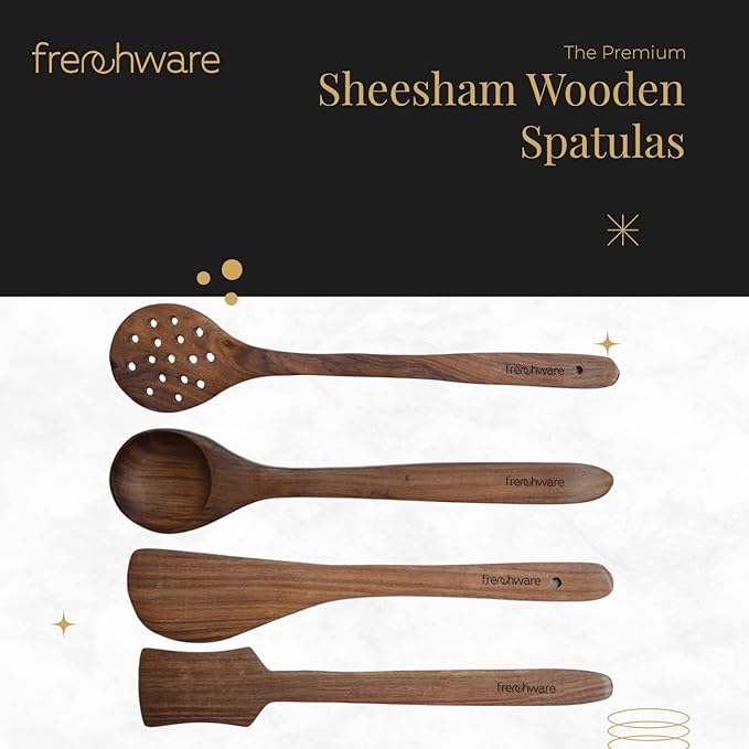 Frenchware Set of 4, Brown | Pure Sheesham Wood Spoons and Spatula for Non Stick Cookware Used for Cooking, Baking & Mixing