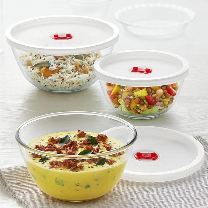 Borosil Glass Serving & Mixing Bowls With Lids | Oven & Microwave Safe Bowls | Set of 3