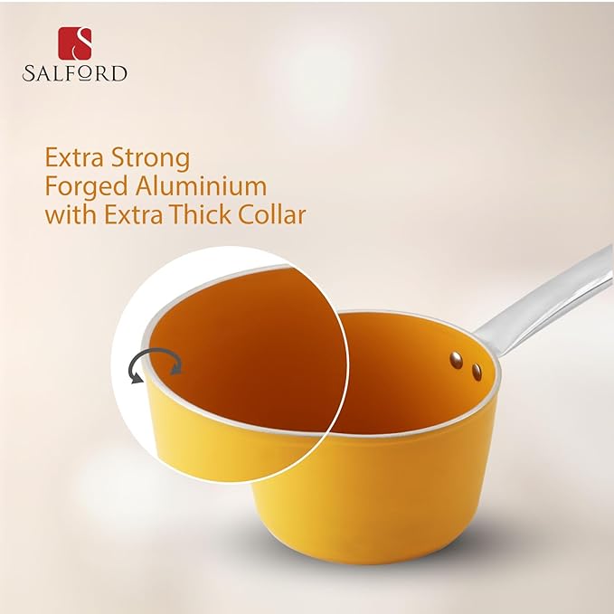 Salford Forged Ceramic Non-stick Saucepan With Glass Lid & Tubular Ss Handle | Mustard Yellow | 160mm | 1.75 Litre