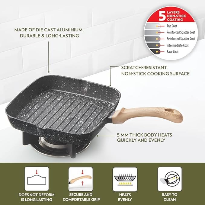 Borosil Vajra Die-cast Non-stick Aluminium Square Grill Fry Pan | Frying Pan With Ridges | Black With Wood-finish Handles | 240 Mm Wide | 5 Mm Thick