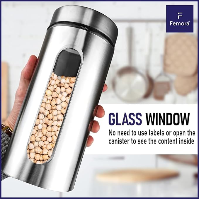 Femora Kitchen Storage Jars Steel Body With See Through Window Jar | 700 Ml | Pack of 6