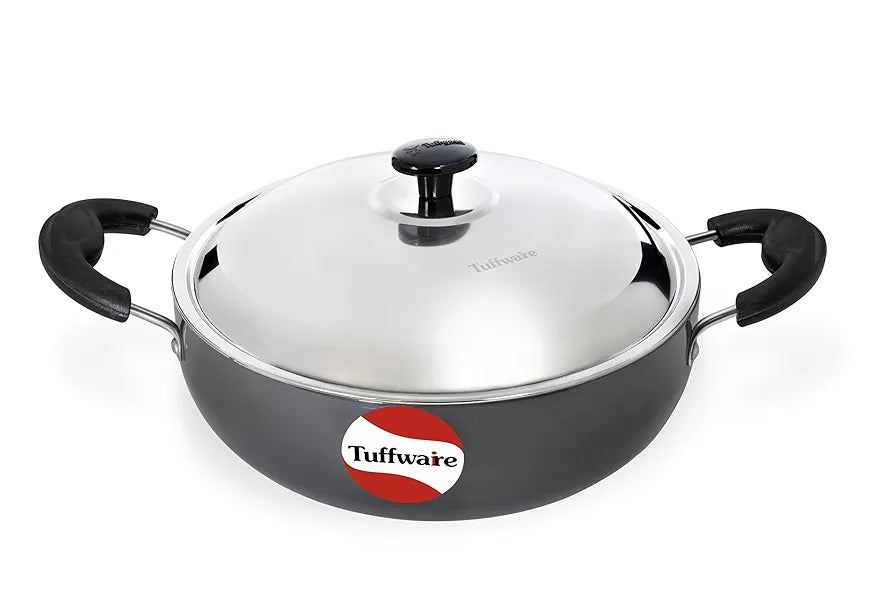 TUFFWARE Hard Anodised Aluminium Deep Non Stick Kadhai With Stainless Steel LId, Black | 22cm Dia | 2.5 Liters | Kadai/Pot for Cooking | Heat-Resistant Bakelite Handles | 1 Year Warranty
