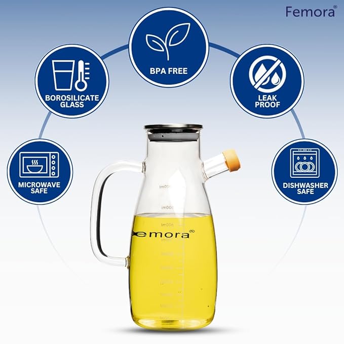 Femora Borosilicate Glass Oil Dispenser and Stoppers Bottle With Handle | 1000 Ml