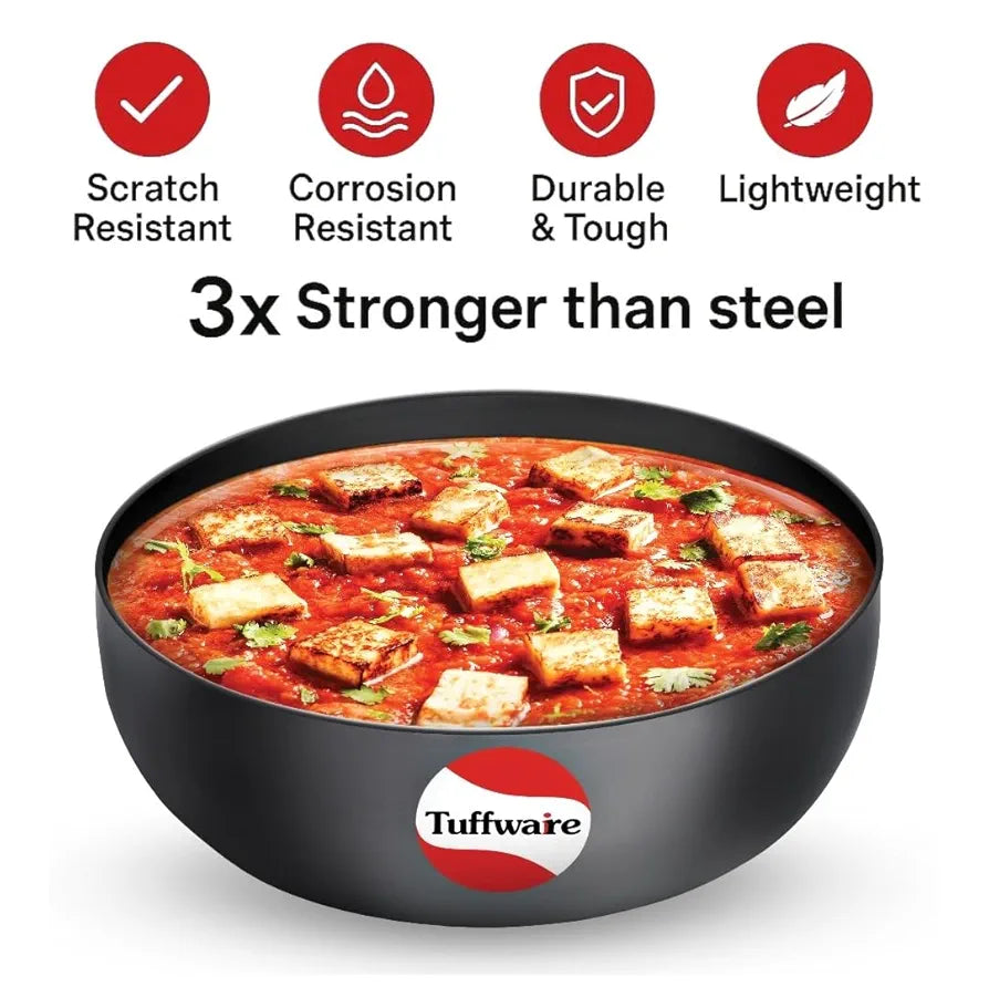 Tuffwaire Hard Anodised Tasra Tasla | 11 inch with 1.6 Litre Capacity Deep Hard Anodised Kadhai Without Handle | 3.5mm Thickness | Cookware Utensil for Frying | Cooking | MIxing Bowl | 1 Year Warranty