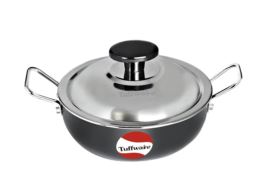 TUFFWARE Hard Anodised Aluminium Deep Non Stick Kadhai With Stainless Steel LId, Black | 14 cm Dia | 0.65 Liters | Kadai/Pot for Cooking | Heat-Resistant Bakelite Handles | 1 Year Warranty