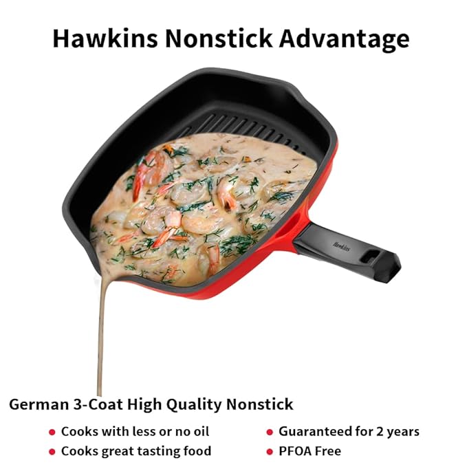 Hawkins 30 cm Grill Pan Non Stick Die Cast Grilling Pan with Glass Lid Square Grill Pan