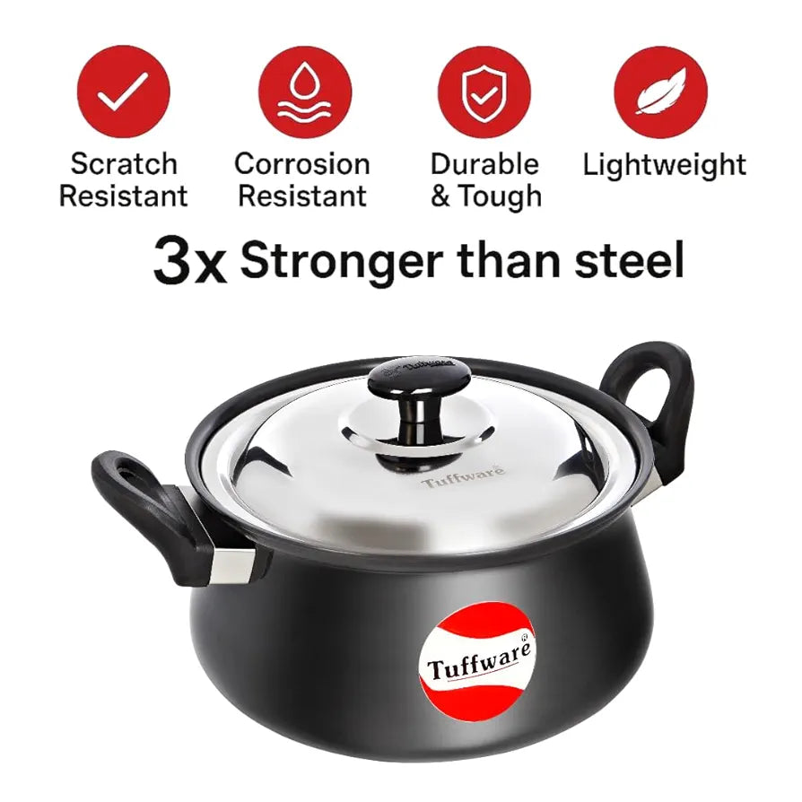 Tuffware Induction Base Hard Anodised Aluminium Handi with Stainless Steel Lid, 3.10 Liters | 22cm Dia 3mm Thickness | Biryani Pot | Metal Spoon Friendly | 1 Year Warranty | Toxin Free - Black