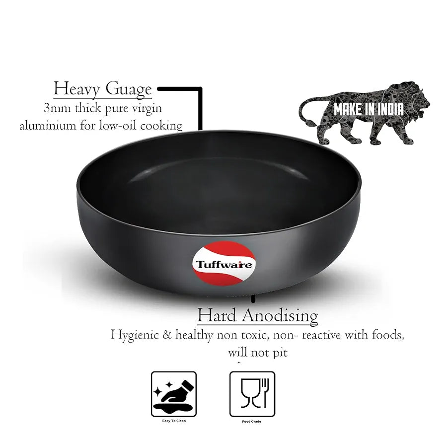 Tuffwaire Hard Anodised Tasra Tasla | 11 inch with 1.6 Litre Capacity Deep Hard Anodised Kadhai Without Handle | 3.5mm Thickness | Cookware Utensil for Frying | Cooking | MIxing Bowl | 1 Year Warranty