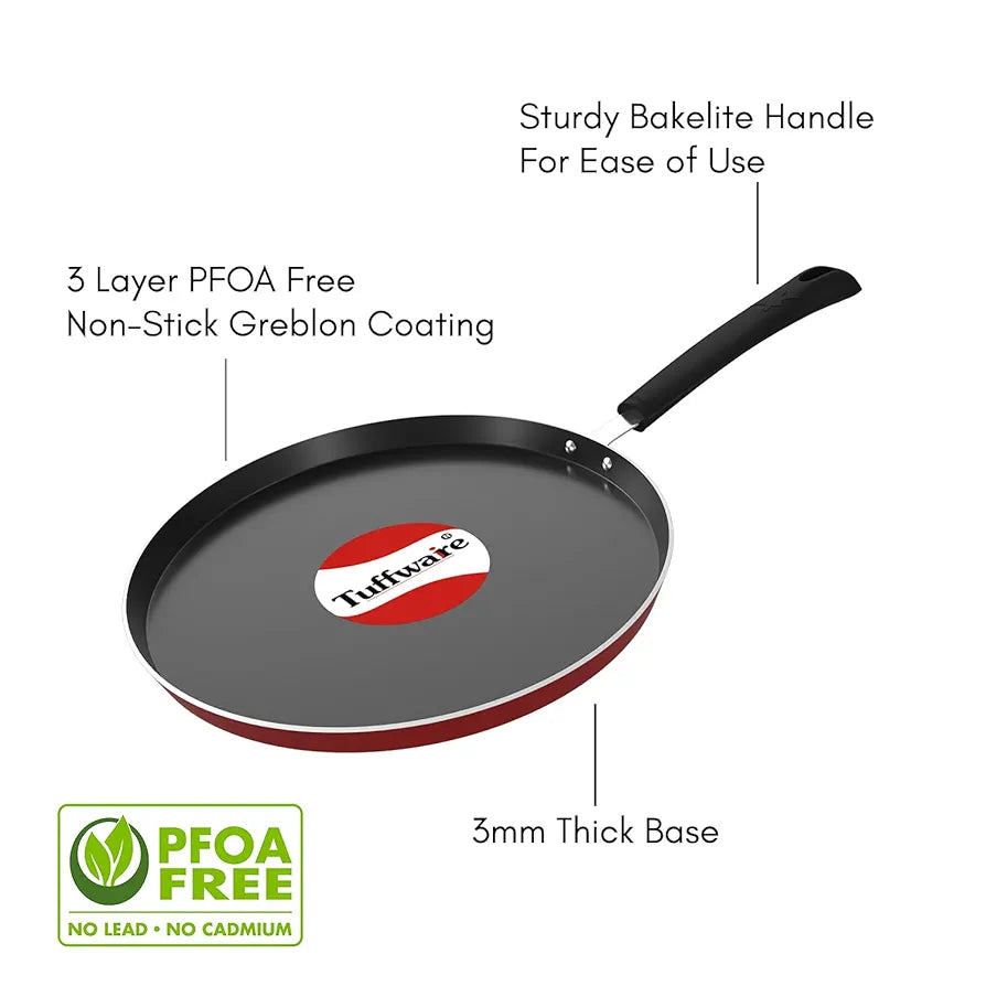 TUFFWARE Aluminium Non Stick Dosa Tawa - 28 cm | Flat Indcution Bottom Tawa | 3 mm Extra Thick | 3 Layer Non Stick Coating | Metal Spoon Friendly | Indcution & Gas Base | 1 Year Warranty