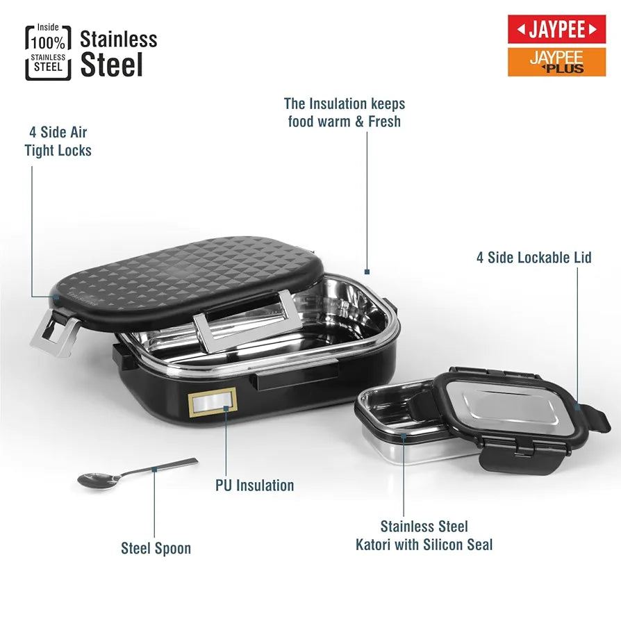 JAYPEE Stainless Steel Inner Insulated Lunch Box Snapsteel Black, 650 ml, Airtight Tiffin Box for School Kids |Food Grade | BPA Free