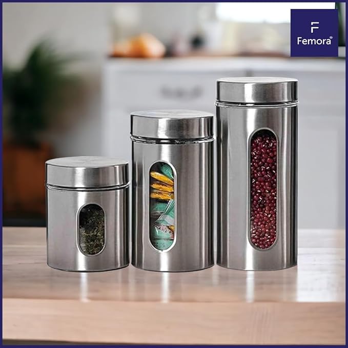 Femora Kitchen Storage Jars Steel Body With See Through Window Jar | 700 Ml | Pack of 6