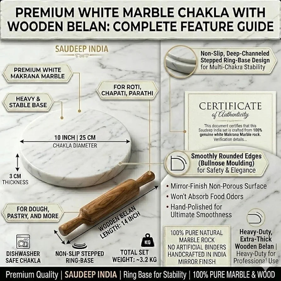 Saudeep India Makrana Marble Chakla Belan Set Anti Skid Round Rolling ...