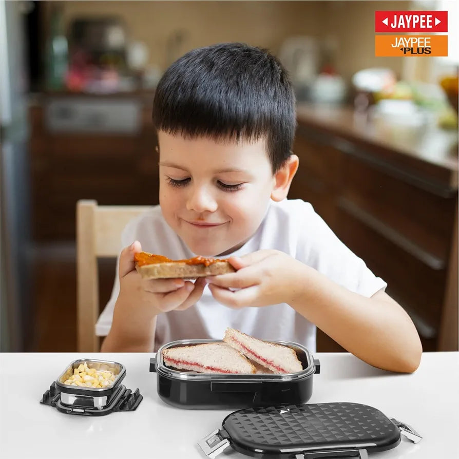 JAYPEE Stainless Steel Inner Insulated Lunch Box Snapsteel Black, 650 ml, Airtight Tiffin Box for School Kids |Food Grade | BPA Free