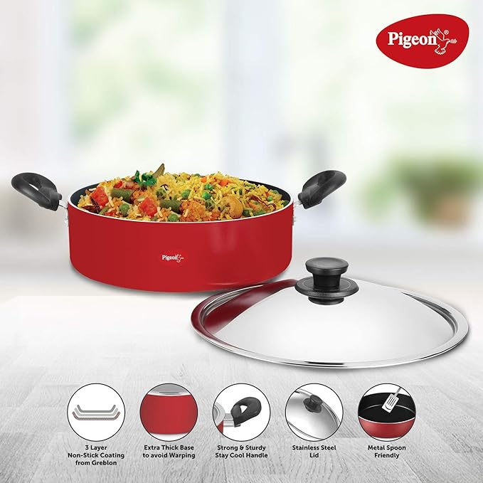 Pigeon By Stovekraft Aluminium Non Stick Biriyani Pot with Lid 11 Litres (Red)