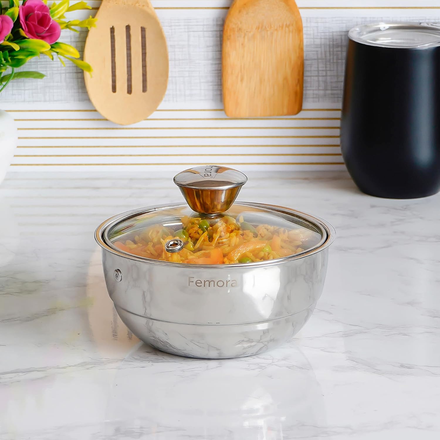 Femora Stainless Steel Double Wall Insulated Curry Server Curry Bowls | 500 Ml Silver | Small Serving Size