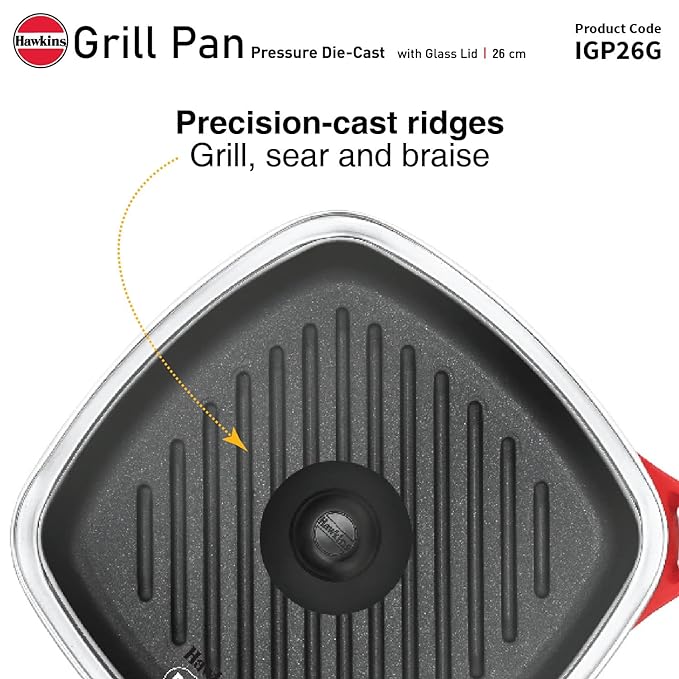 Hawkins 26 cm Grill Pan Non Stick Die Cast Grilling Pan with Glass Lid Square Grill Pan