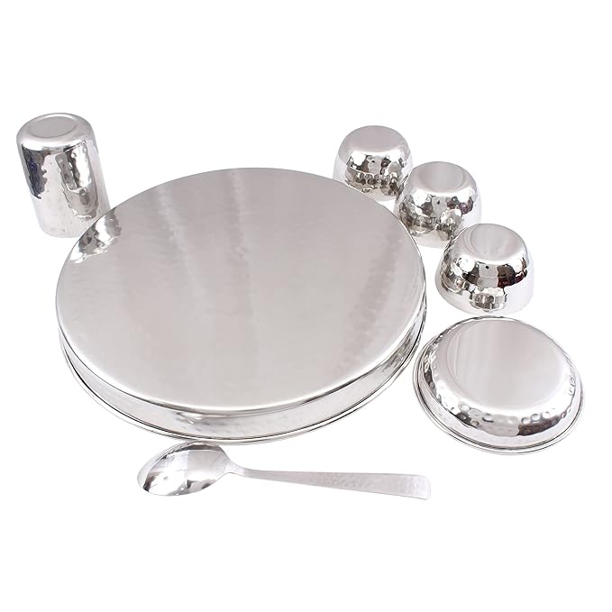 Indian Art Villa Stainless Steel Dinner Set/Thali Set of 1 Plate 1 Small Plate 3 Bowls, 1 Glass & 1 Spoon (7 Pieces) - 550 gms