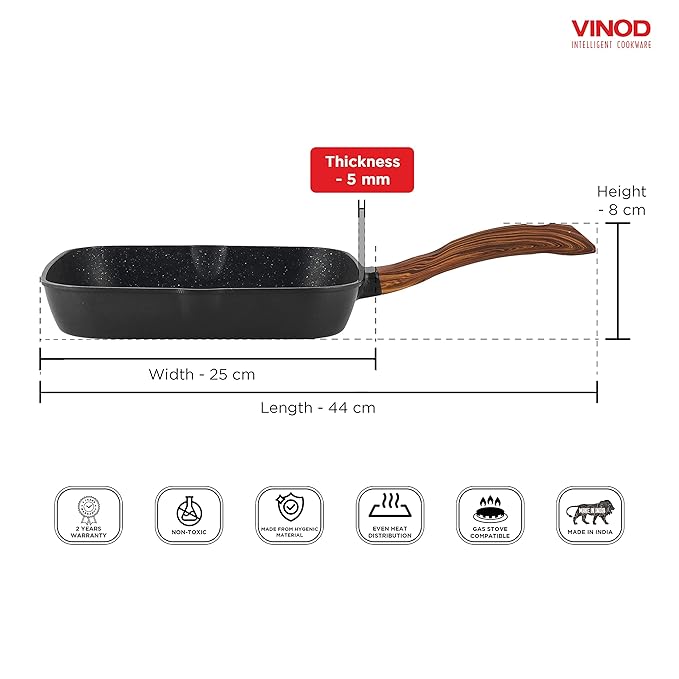 Vinod Zest Plus Die Cast Aluminium Grill Pan - 24 cm | Barbeque / Tandoori | 5mm Thick | 5 layer Coating| Wooden Finish Handle