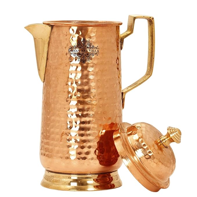 IndianArtVilla Hammered Copper Jug Pitcher with Brass Handle