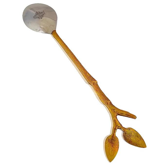 Indian Art Villa Steel Brass Spoon With Antique Leaf Design - 6 Inch Length