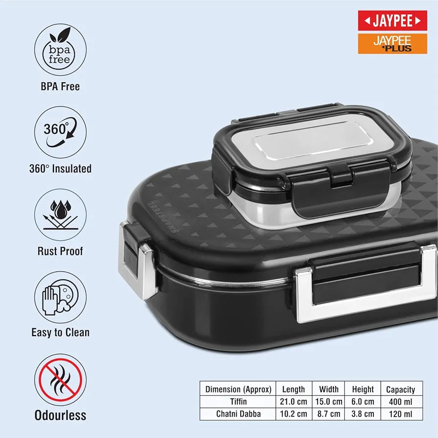 JAYPEE Stainless Steel Inner Insulated Lunch Box Snapsteel Black, 650 ml, Airtight Tiffin Box for School Kids |Food Grade | BPA Free