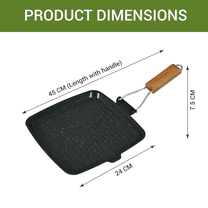 Femora Carbon Steel Non-stick Square Grillpan With Folding Wooden Handle | 3 Layer Non-stick Coating Pan | Black | 24 Cm