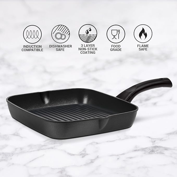 Milton Pro Cook Grill Pan, Nonstick Die Cast Grilling Square Pan, 24 Cm - 960 gms