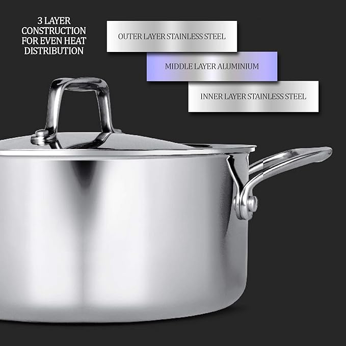 Milton Pro Cook Triply Stainless-Steel Casserole Handi/Stock Pot/Biryani Pot with Lid 20 cm, 3 Litre - 1870 gms