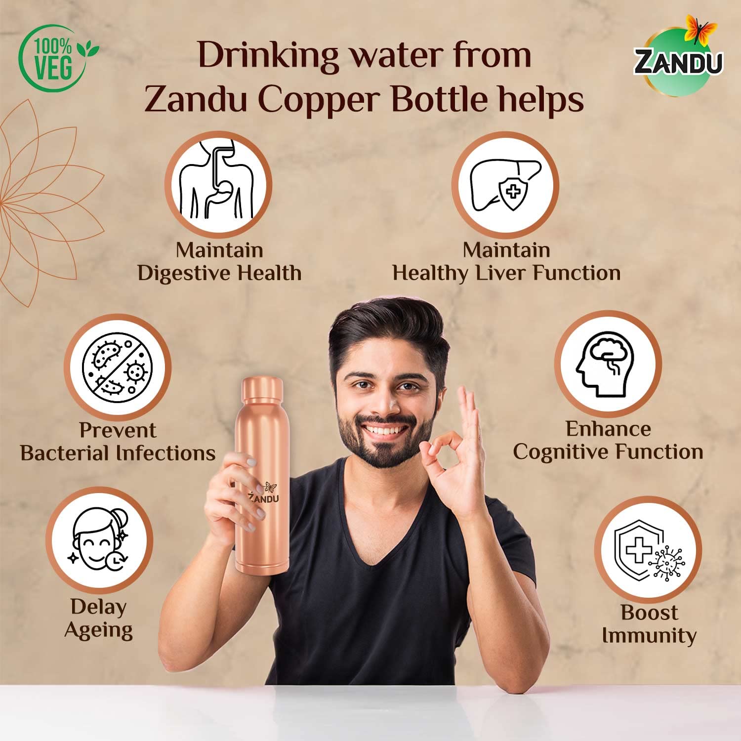 Zandu Copper Water Bottle - 950 ml