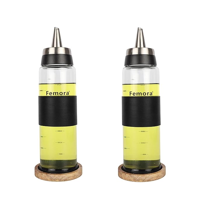 Femora Borosilicate Glass Oil Bottle | 500 Ml | 2 Pieces With Wooden Tray for Kitchen