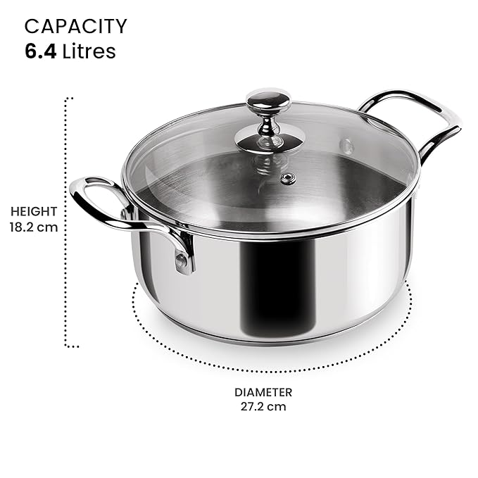 Milton Pro Cook Triply Stainless-Steel Sandwich Bottom Casserole Handi/Stock Pot/Biryani Pot with Glass Lid 26 cm, 6.4 Litre - 2000 gms