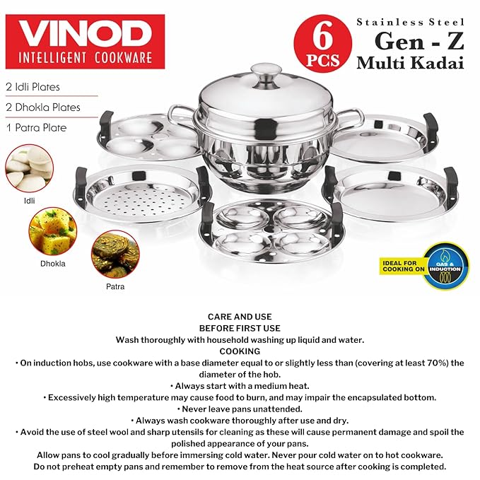 Vinod Gen-Z Stainless Steel Multi Kadai with 6 Plates - 19 cm| 2 Idli, 2 Dhokla and 1 Patra Plate | All in One Multi Purpose Kadhai