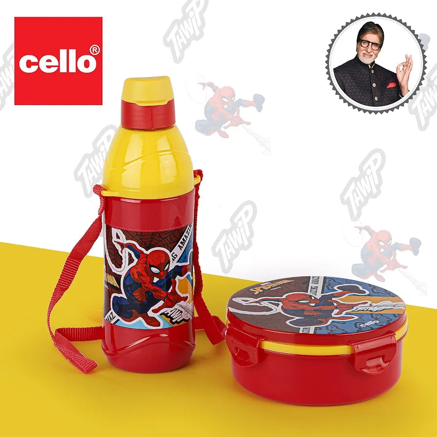 CELLO Tiffy Spiderman Gift Set Insulated Lunch Box & Water Bottle for Kids | Tiffin Box 460 ml, Water Bottle 400 ml, Red & Yellow | Leak Proof | Easy to Clean | Ideal for School, Picnic