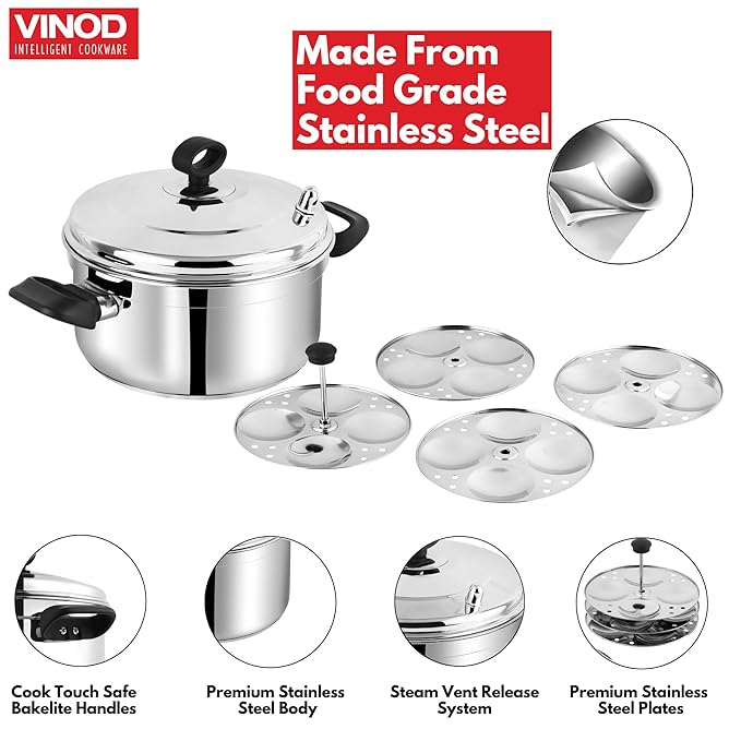 Vinod Classic Stainless Steel Idli Maker Cooker - 4 Deeper Plates | 16 Idlis